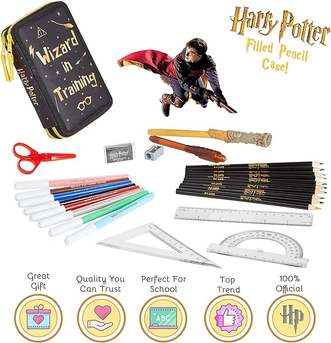 Harry Potter Gifts Pencil Case with Secret Light Wand Pen, Large Double Zip Organizer Filled with School Art Supplies for Kids, Boys and Girls (Black/Yellow)