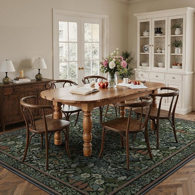 GENIMO 8x10 Washable Area Rug, Non-Slip Vintage Boho Floral Carpet, Soft Low-Pile Thin Living Room Rug for Bedroom, Dining Room, Nursery, Dark Green