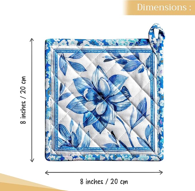 Maison d' Hermine Pot Holders Set 100% Cotton Heat Resistant Potholders 8" x 8" Hot Pads with Loop BBQ, Cooking, Baking, Grilling, Kitchen, Handling Hot Pans Spring/Summer (Pack of 2, Summer Blues)