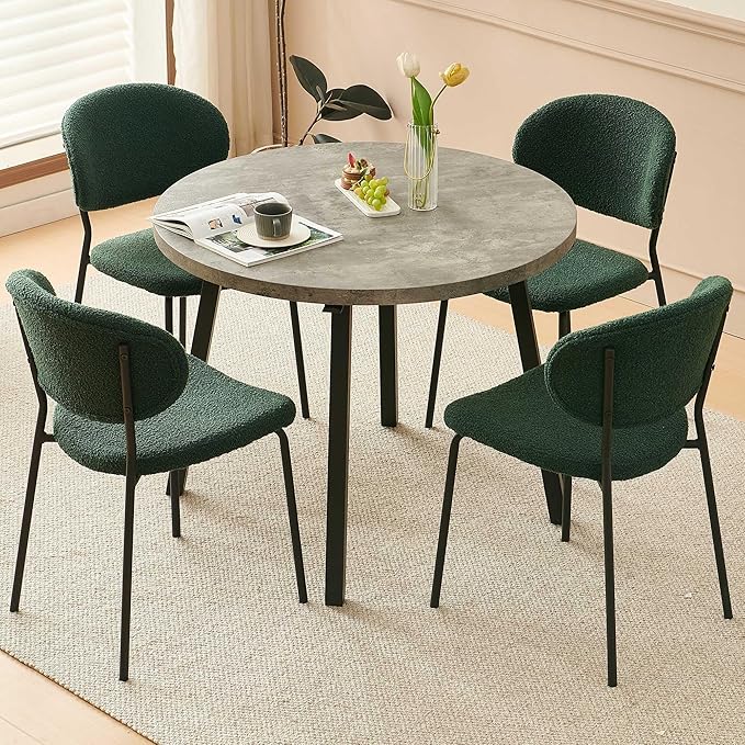 5-Pieces Kitchen Dining Table Set for 4, Grey Round Table MDF with 4 Metal Hooks for Hanging, Modern Dining Room Table Set with 4 Seated Green Boucle Dining Chairs for Dining Room, Cafe