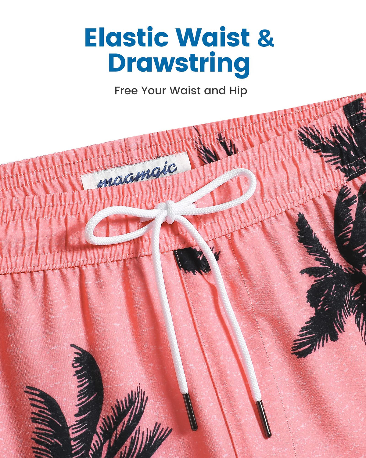 maamgic Mens Swim Trunks with Compression Liner 5 Inch, Quick Dry Bathing Suit with Zipper Pockets, Stretch No-Chafing Swim Shorts, Pink-Palm Tree X-Large