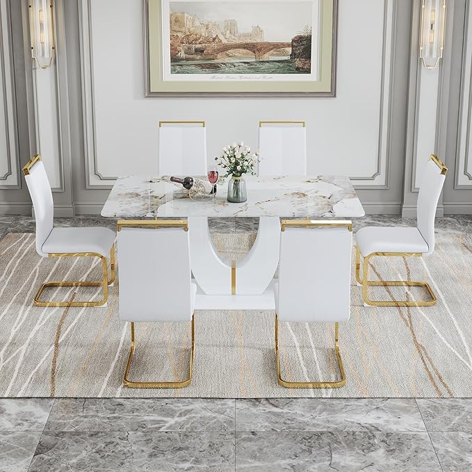 Dining Set for 6 - 71'' Faux Marble Table With PU Leather Upholstered Chairs for Kitchen and Dining Room (White-Golden)