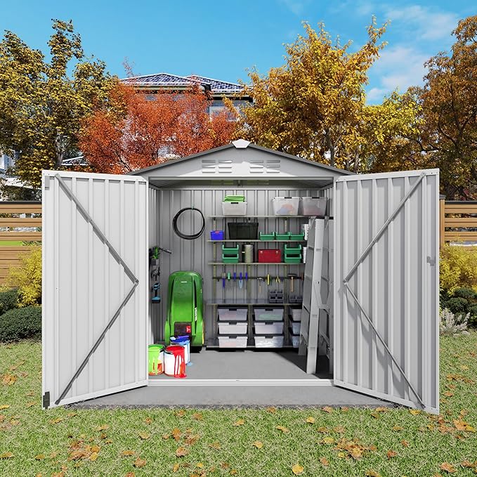 6 x 4 FT Outdoor Storage Metal Shed, Bike Garden Tool Shed with Slooping Roof, Lockable Doors and Aluminum Frames, Shed Easy to Assemble for Garden, Patio, Lawn, White