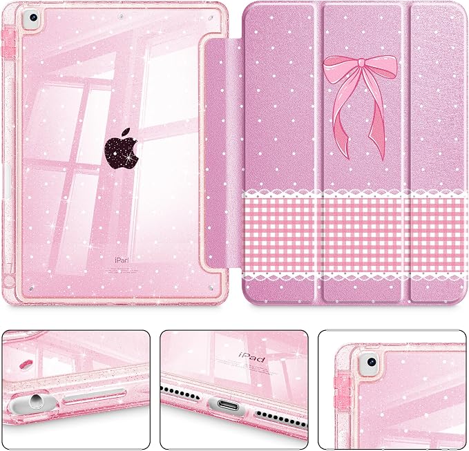 Mektron Sparkly Case for iPad 10.2 inch Glitter Tablet Cases for iPad 9th Gen 2021/8th Gen 2020/7th Gen 2019 Cover with Shiny Clear Back Shell Foldable Bling Smart Cover Blue Floral