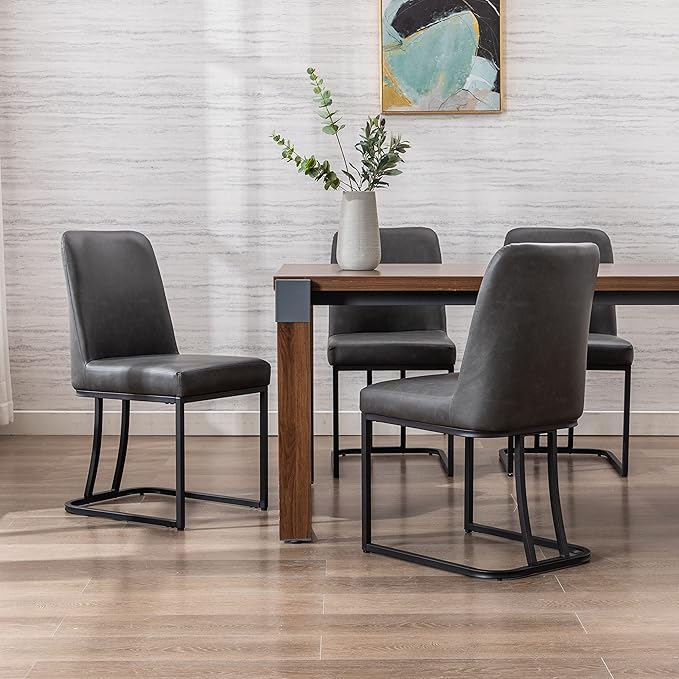 Charcoal PU Leather Dining Chairs Set of 6 Mid Century Modern Comfortable Dining Room Chair with Curved Backrest, Upholstered Kitchen Side Chairs with Black Metal Legs
