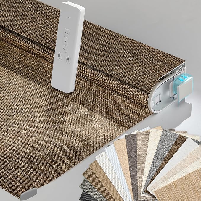 Persilux Smart Motorized Blinds with Remote, No Drill Automatic Roller Shades for Indoor Windows, Light Filtering Linen Fabric, Electric Blinds for Windows, Nature Brown C25-11, Custom Size