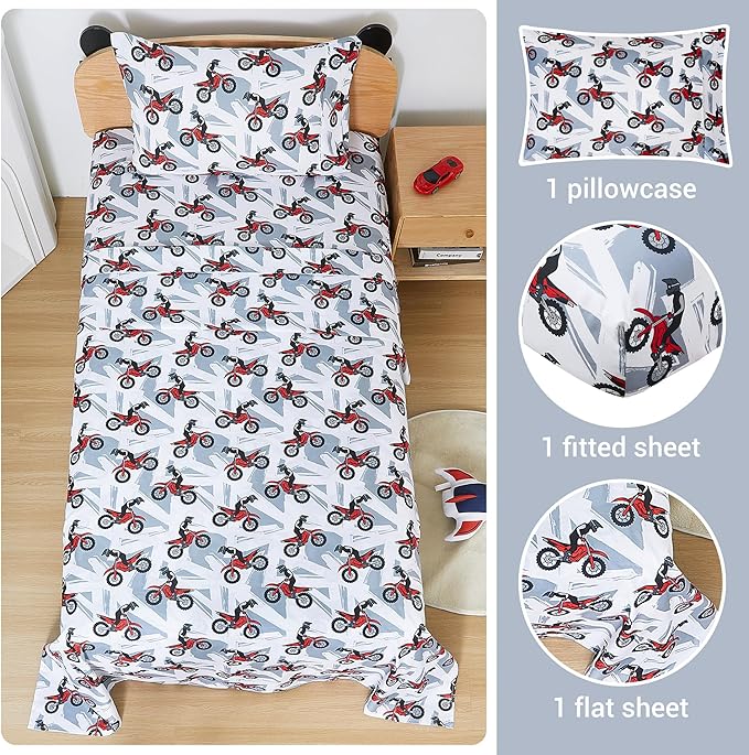 Viviland 3 Pieces Boys Grey Twin Sheet Set - Soft Microfiber Fitted Flat Sheets & Pillowcase - Red Motorcycle Print Bedding Sets - for Kids & Toddlers