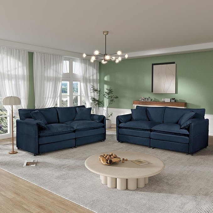 Chenille Sofa Set for Living Room, 2 Pieces Modern Deep Seat Oversized 3-Seater Cloud Couch for Bedroom, Office, Apartment, Furniture Set (Blue, 2+2)