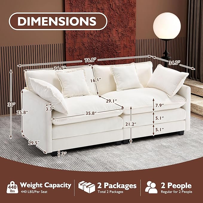 Ihanherry Cloud Sofa 77 Inch Loveseat, Modern Sectional Couch, 2-Seats Sofa for Living Room Bedroom and Apartment, Comfy Double Layer Upholstered Seat Cushion, Breathable Chenille Fabric, Beige
