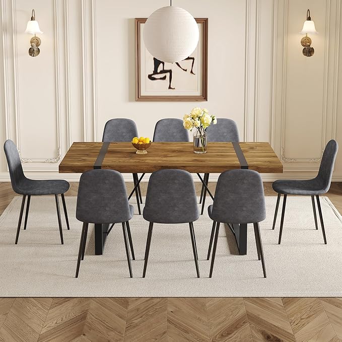 Rustic 9 Piece Dining Room Table Set for 8 People, Mid Century Modern 71 Inch Rectangle Wood Kitchen Dining Table with 8 Fabric Chairs Set, Suitable for Kitchen Dining Room Apartment