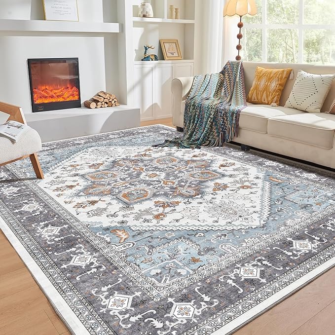 OPPODREAM Thin Area Rugs 3x5, Washable Rugs with Non Slip Backing, Low-Pile Throw 3x5 Carpet, Faux Cashmere 3 x 5 Carpet, Grey & Teal & Yellow