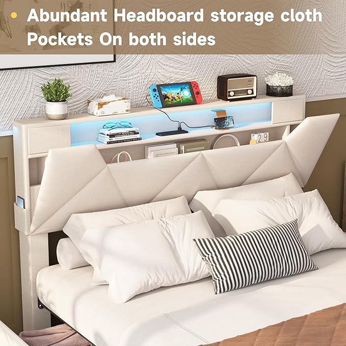 Vabches Full Bed Frame with Storage Headboard and 4 Drawers,Upholstered Platform with Charging Station and Led Lights,Adjustable Headboard,No Box Spring Needed,Beige