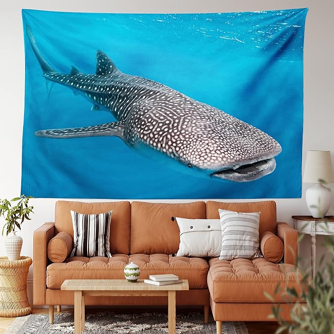 Ambesonne Sea Animals Tapestry, Whale Shark Swimming Predators Hunter Clear Water Under the Sea Picture Print, Fabric Wall Hanging Decor for Bedroom Living Room Dorm, 45" X 30", Dimgray Blue