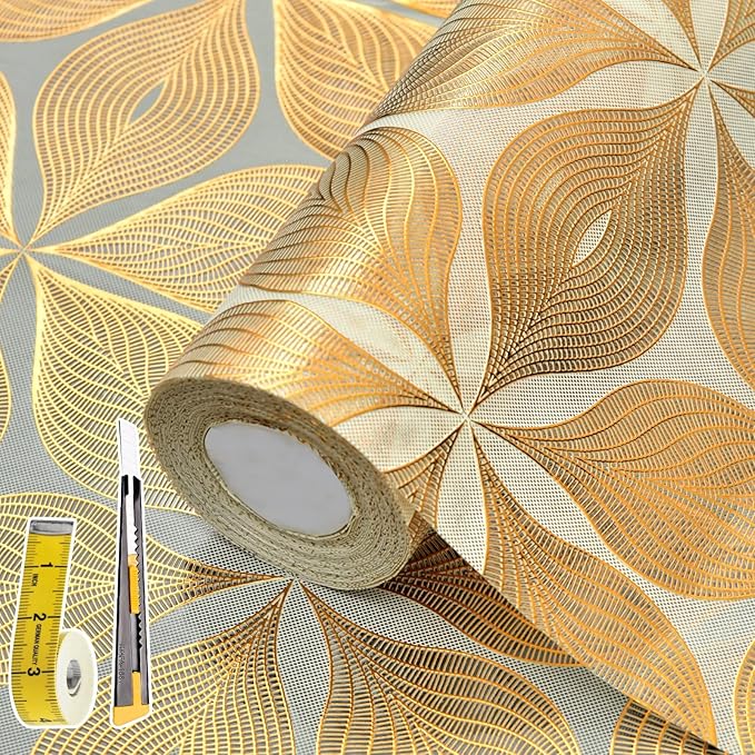 3D Drawer and Shelf Liner for Kitchen Cabinet: 12 in X 20 Ft Waterproof Shelf Paper Non Adhesive Refrigerator Liners Golden Leaf Easy Liners for Bathroom with Knife Tape Measure