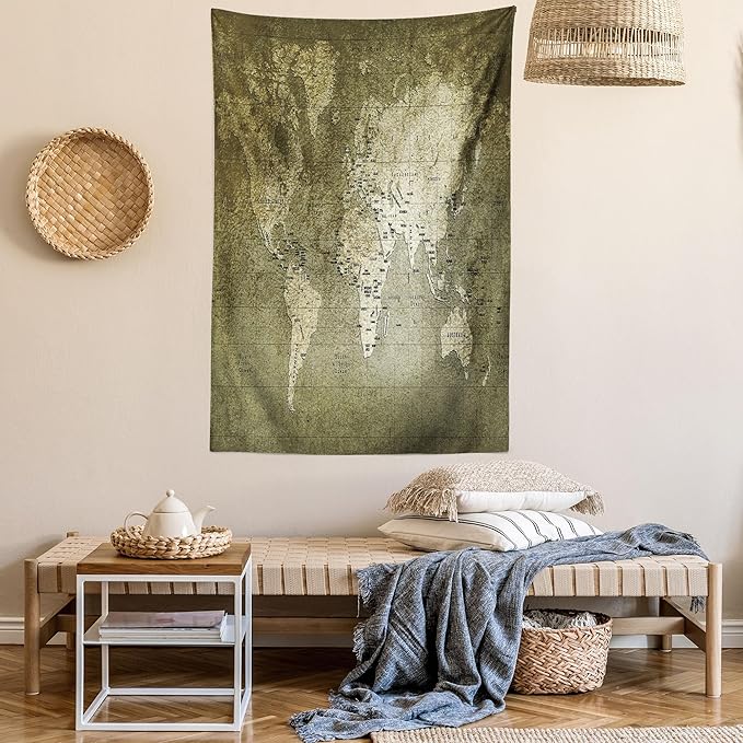 Ambesonne Antique Tapestry Twin Size, Old World Map Texture Nostalgic Plan Atlas Trace of Life, Wall Hanging Bedspread Bed Cover Wall Decor, 68" X 88", Khaki Beige