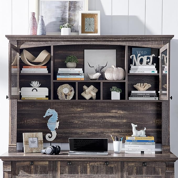 OKD Farmhouse Hutch for 60" Executive Desk, Office Desk Storage Cabinet with Glass Doors and Shelves, Top Hutch Organizer for Home Office - Dark Rustic Oak