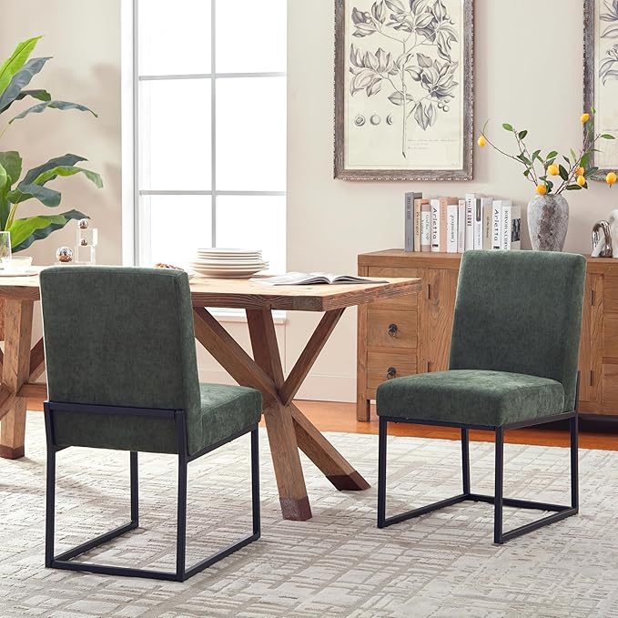 VKNOW Upholstered Dining Chairs Set of 2, Modern Dining Room Chairs, Linen Kitchen Chair Dinner Chair with Black Metal Base for Kitchen Office, Green-Unstriped