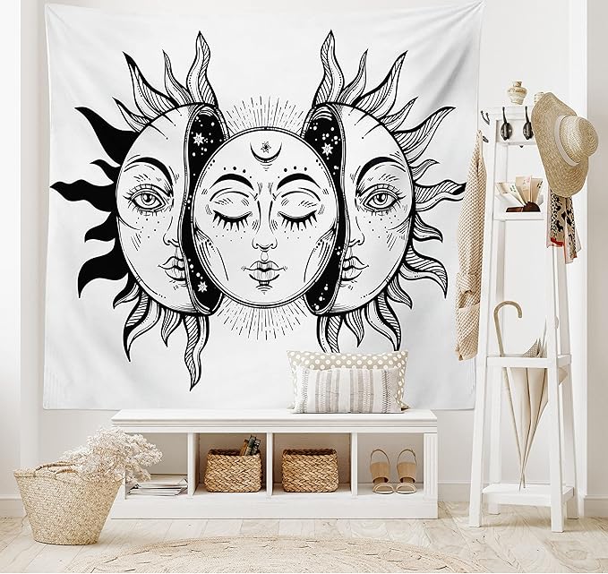 Ambesonne Moon Tapestry King Size, Monochrome Sun and Moon Pattern Oriental Image Culture Inspired Design Print, Wall Hanging Bedspread Bed Cover Wall Decor, 104" X 88", White Black