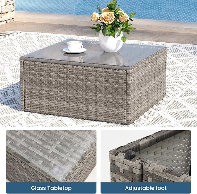 8 Pieces Outdoor Patio Furniture Set with 43" Fire Pit Table, Wicker Outdoor Patio Sectional Sofas with Coffee Table and Cushions, All-Weather Patio Conversation Set for Backyard Garden, Navy Blue
