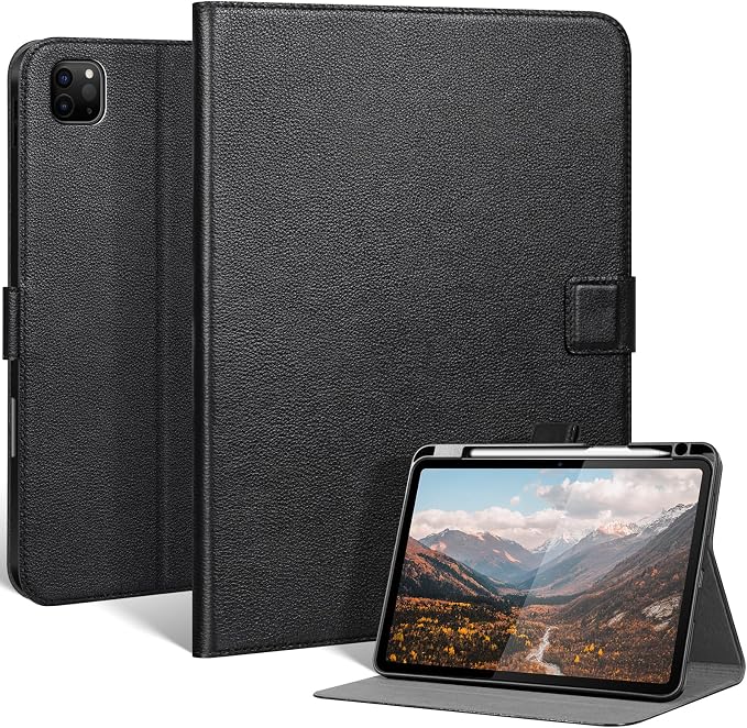 Leather Case for iPad 11th/10th Gen (11/10.9) Black | Genuine Leather Pencil Holder Adjustable Stand Magnetic Closure Auto Wake/Sleep