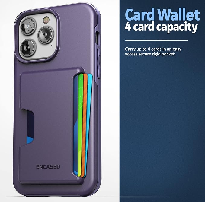 ENCASED Protective Wallet Case Designed for iPhone 14 Pro Max with Card Holder and Screen Protector (4 Credit Cards/IDs) - Purple