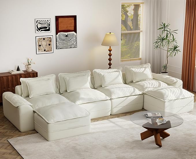 Hobestluk 152" Cloud Modular Sectional Couch 4-Seater Sofa with Ottomans U Shaped Couch Deep Seat Sofa with Removable Cover for Living Room (Beige, 4-Seater Sofa with Two Ottomans)