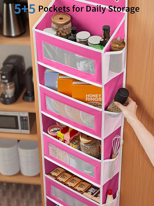 JARLINK 2 Pack Over The Door Organizer Storage, 5 Shelf Hanging Door Organizer with 5 Large Capacity Pockets, Anti Tilt 44 lb Load Behind Door Storage for Bedroom, Bathroom, Pantry, Nursery, Rose Pink