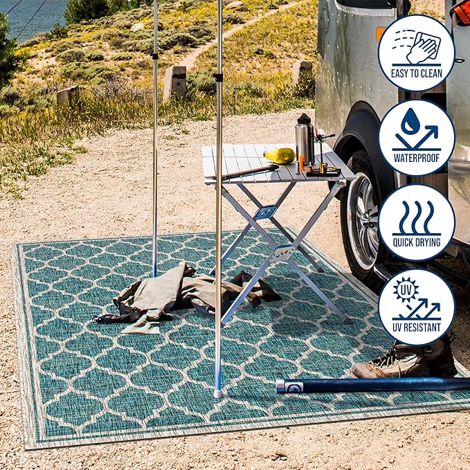 Eyely BMS109E-4SQ Santa Monica Trebol Moroccan Trellis Textured Weave, Pet Friendly, Non-Shedding, Stain Resistant, Easy-Cleaning, Teal/Gray, 4' Square, Indoor/Outdoor, Area Rug