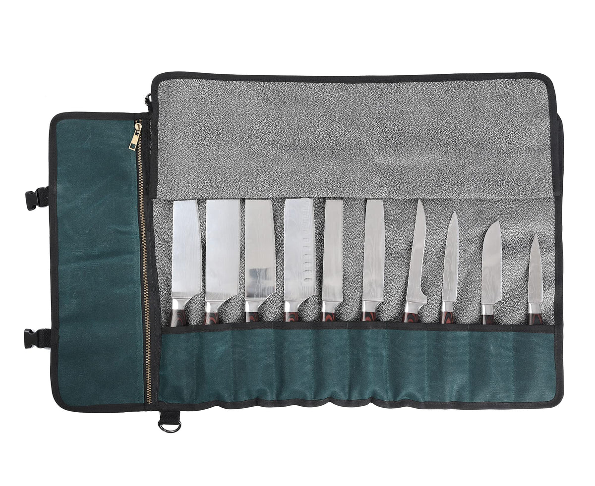Chef's Knife Bag With 5 Slots, Wax Canvas Knife roll with Professional Anti Cutting Fabric Inside (Blue)