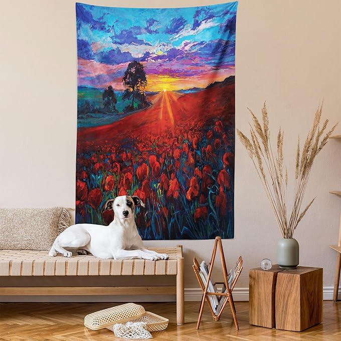 Ambesonne Country Tapestry Queen Size, Clouds at Sunset Paint Scenery of Poppy Flower Garden on Valley with Horizon, Wall Hanging Bedspread Bed Cover Wall Decor, 88" X 88", Burgundy Deep Sky Blue