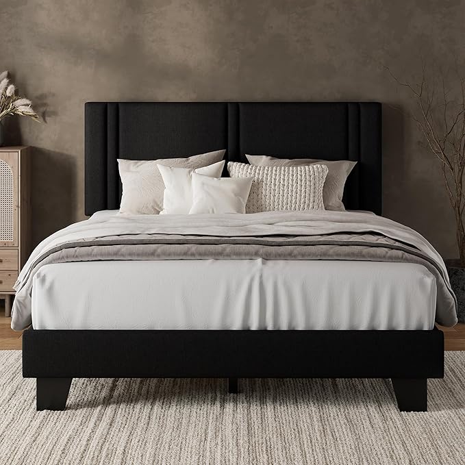 iPormis Queen Platform Bed Frame with Fabric Upholstered Headboard & Thickened Legs, Mattress Foundation with Solid Wooden Slats Support, No Box Spring Needed, Noise Free, Black