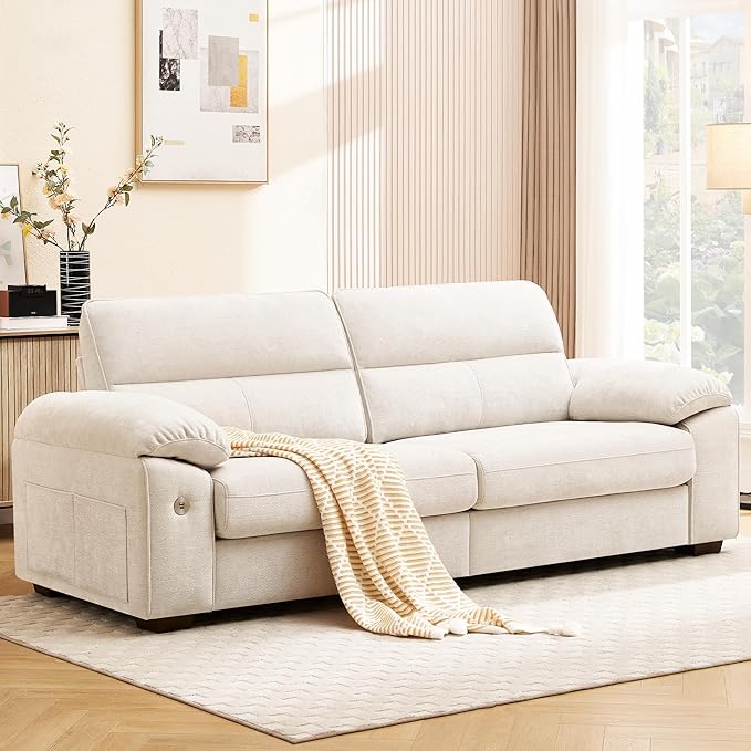 Ihanherry 92" Modern Sofa for Living Room, Deep Seat Chenille Couch with Fast Charging Port & Removable Washable Cushions, Pillow-Armrest Loveseat for Small Space/Apartment, Sturdy Frame, Beige