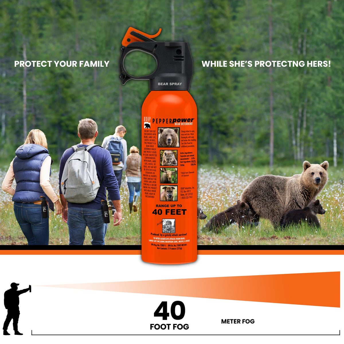 UDAP Pepper Power Bear Spray Self Defense Deterrent with Holster for Camping, Hiking, Fishing, Powerful Blast Pattern, 30 ft Fog Barrier, Safety Orange, SO2, 7.9 oz, 2 Pack
