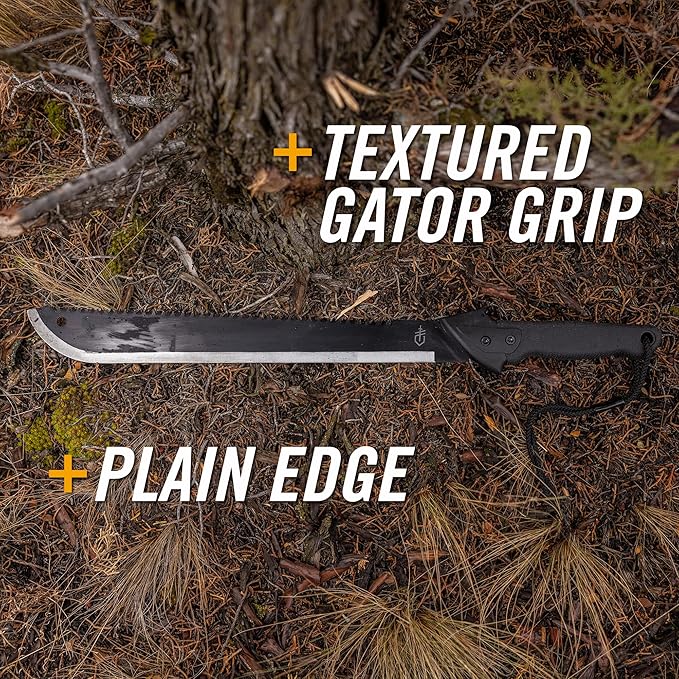 Gerber Gear Gator Machete 25" with Plain Edge Blade and Saw, Gator Grip and Protective Sheath for Gardening, Survival, Hunting, Camping and Bushcraft, Black