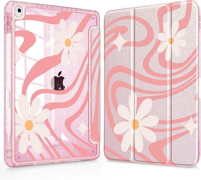 Case for iPad 9th/ 8th/ 7th Generation 10.2-Inch Case(2021/2020/2019 Release) Glitter Tablet Cases with Transparent Acrylic Back+Trifold Stand+Pencil Holder+Auto Wake/Sleep Bows-Stripe