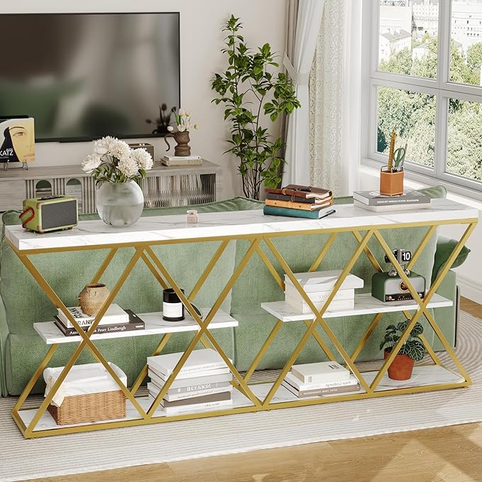 Garvee 3-Tier Entryway Table, Industrial Console Sofa Table with Storage, Accent Table with Open Shelves, X-Shaped Metal Frame, Foyer Table for Entryway, Hallway, White
