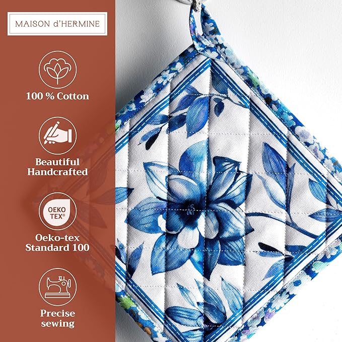 Maison d' Hermine Pot Holders Set 100% Cotton Heat Resistant Potholders 8" x 8" Hot Pads with Loop BBQ, Cooking, Baking, Grilling, Kitchen, Handling Hot Pans Spring/Summer (Pack of 2, Summer Blues)