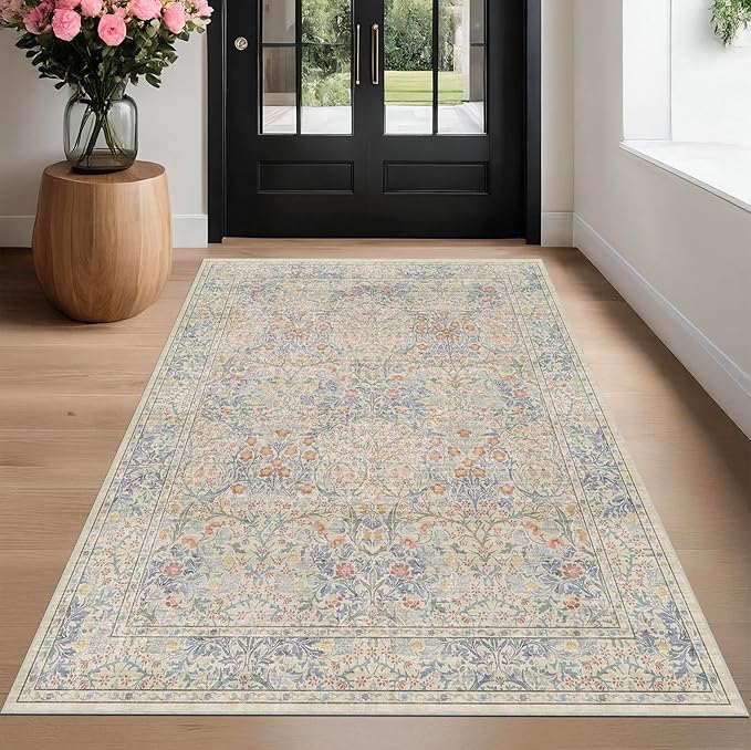 Beige Blue Living Room Rug 5x7, Cottage Area Rug for Bedroom, Vintage Washable Floral Mat for Nursery, Office, Low Pile Non Slip Stain Resistance French Country Style Retro Indoor (5x7 Beige Blue)