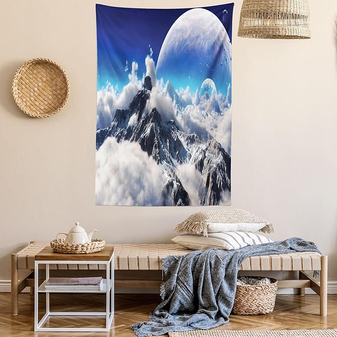 Ambesonne Fantasy Tapestry, Celestial View of Snow Capped Mountains and Alien Planet Print, Fabric Wall Hanging Decor for Bedroom Living Room Dorm, 23" X 28", White and Navy Blue