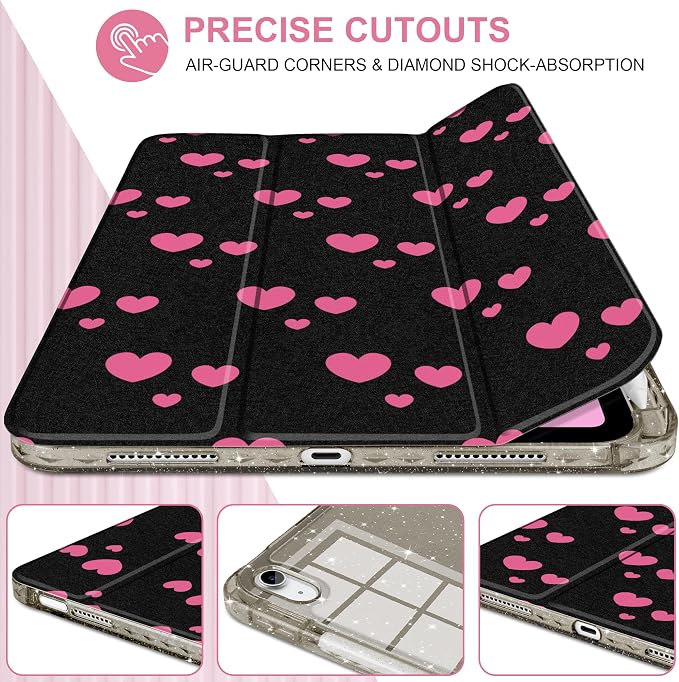 MEEgoodo Case for iPad A16 11th Generation 2025/10th Generation 2022 Glitter Tablet Cases with Transparent Acrylic Back+Trifold Stand +Pencil Holder+Auto Wake/SleepAbstract Sun &amp Palm Tree