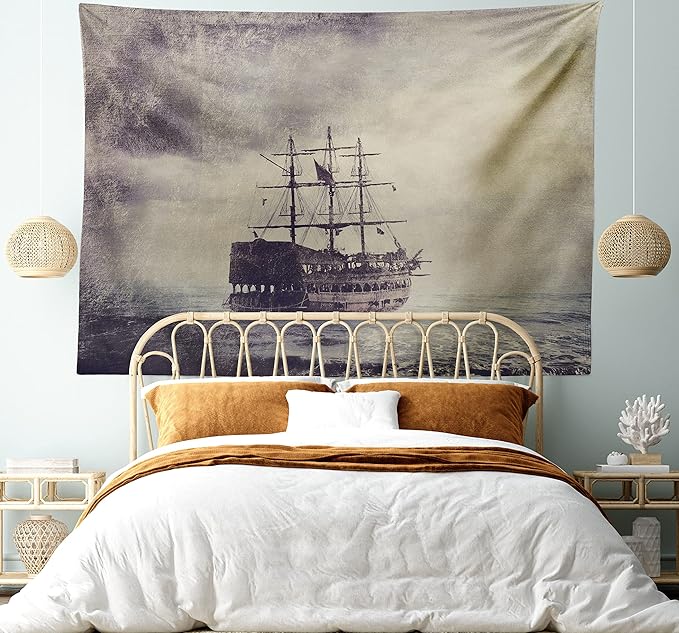 Ambesonne Nautical Tapestry King Size, Old Pirate Ship in the Sea Historical Cruise Retro Voyage Grunge Style Art, Wall Hanging Bedspread Bed Cover Wall Decor, 104" X 88", Tan Plum