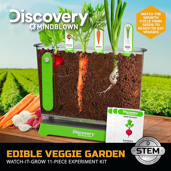 Discovery™ Edible Veggie Garden Watch-It-Grow Kit – DIY STEM Activity for Kids | Grow Carrots, Radishes & Onions| 11-Piece Science Kit with Seeds, Potting Mix & Root Tracker| Learning Toy Gift Ages 6+