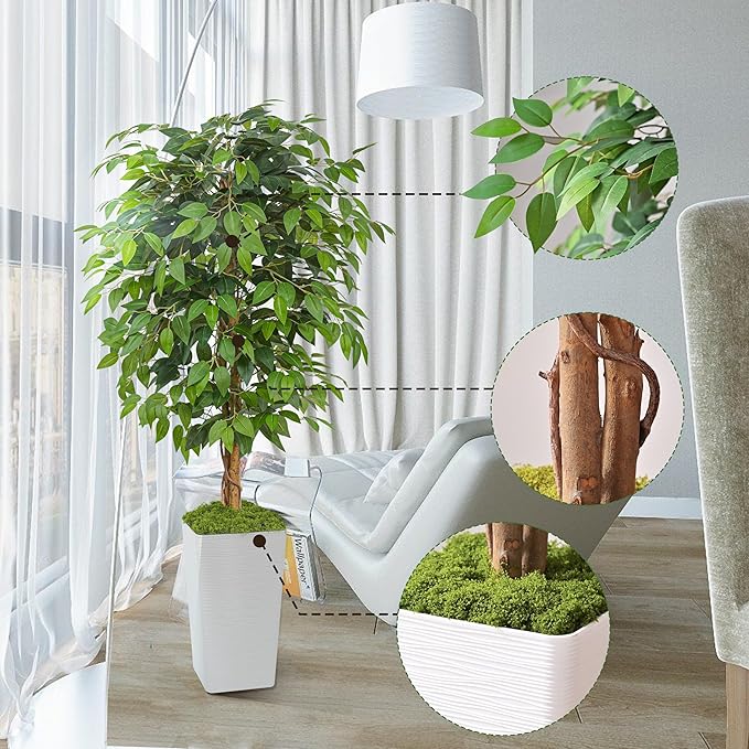 Artificial Ficus Tree 5FT Faux Floor Tree with Planter UV Resistant Potted Fake Silk Plant - Faux Trees Indoor Outdoor Lifelike Fake Ficus Tree for Home, Living Room Bedroom Topiary Tree