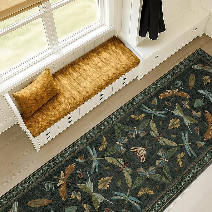 Dark Green 2'6"x10' Long Runner Rugs for Hallway - Boho Wide Washable Non Slip Indoor Entryway Rug, Low Pile Vintage Design - Stain Resistant Carpet