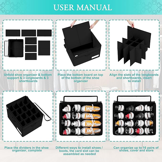 Luvhomee Shoe Storage Organizer, Fits 16 Pairs, Large Shoe Organizer Box for Closet, Clear Foldable Shoes Containers w/Bottom Support, Space Saving Shoe Cubby Storage Boxes w/Reinforced Handles, Black
