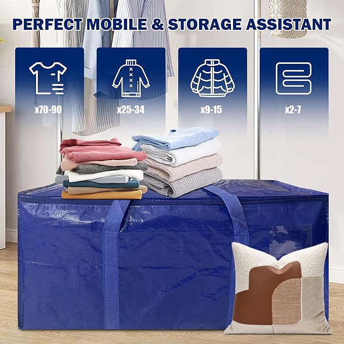 8 Pack Extra Heavy Duty Large Moving Bags with Strong Zipper & Carrying Handles, Sturdy Clothes Storage Bag Totes Bins, Packing Bags Moving Boxes College Moving Supplies, Dark Blue - 40 gal