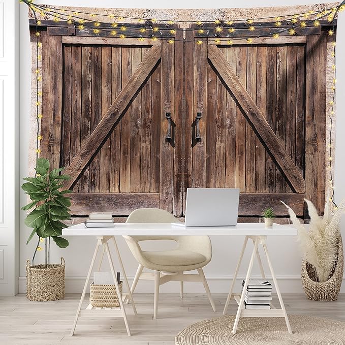 Ambesonne Rustic Tapestry, Wooden Barn Door in Stone Farmhouse Image Vintage Desgin Rural Art Architecture Print, Fabric Wall Hanging Decor for Bedroom Living Room Dorm, 45" X 30", Cream Brown