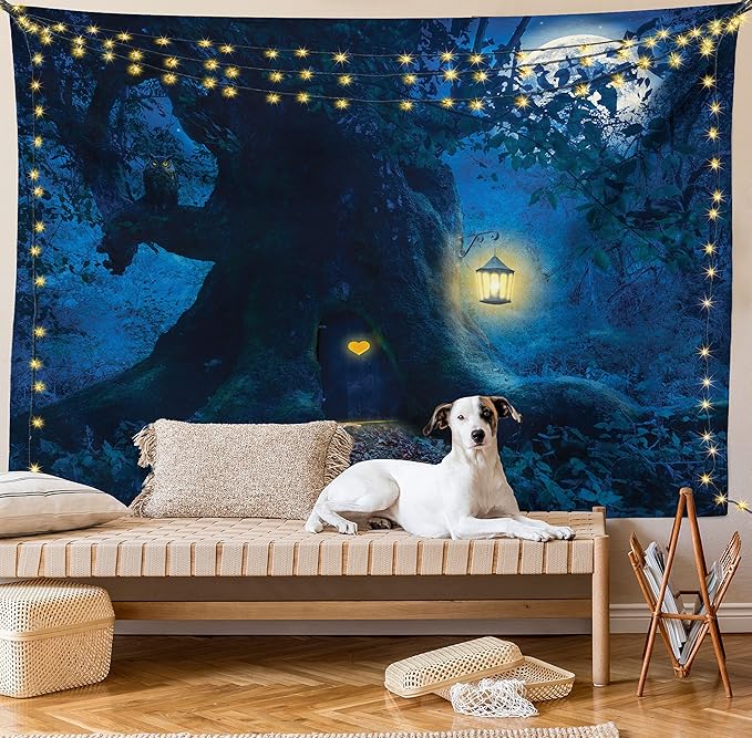 Ambesonne Fantasy Tapestry Twin Size, Night with a Little Home in The Trunk of an Tree in The Woods Print, Wall Hanging Bedspread Bed Cover Wall Decor, Twin Size, Navy Blue