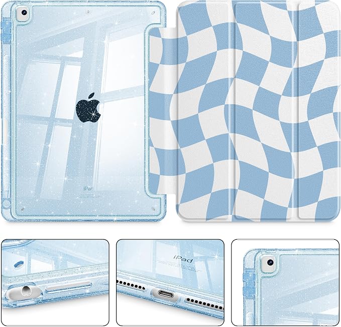Case for iPad 9th/ 8th/ 7th Generation 10.2-Inch Case(2021/2020/2019 Release) Glitter Tablet Cases with Transparent Acrylic Back+Trifold Stand+Pencil Holder+Auto Wake/Sleep Bows-Stripe