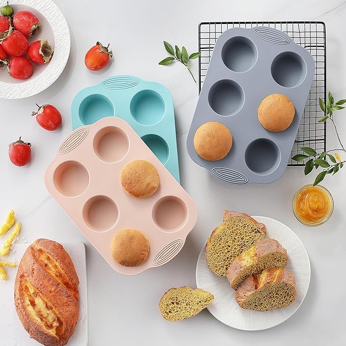 XZZWLL 3 Pack Silicone Muffin Pan, 6 Cup Nonstick Cupcake Molds for Baking